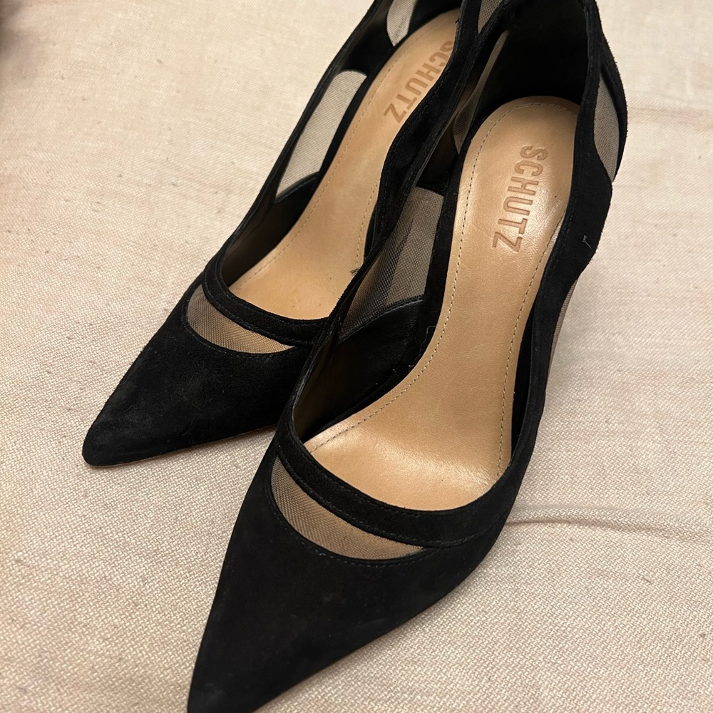 SCHUTZ Black Pointed-Toe Suede Heels with Sheer Insets